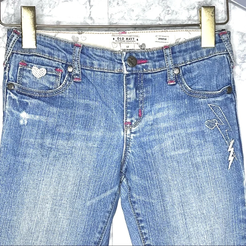 Old Navy Y2K Girls 12 Light Wash Embroider Denim Capris Stretch Adjustable Waist - Picture 5 of 11